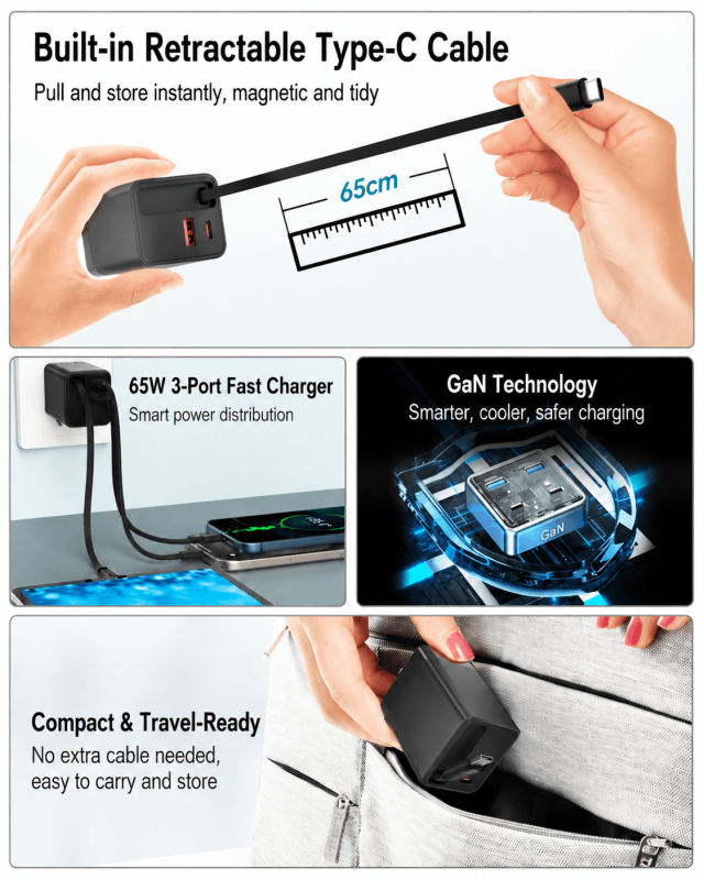 65W GaN Charger with Retractable USB-C Cable