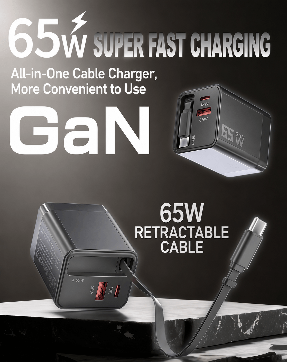 65W GaN Charger with Retractable USB-C Cable