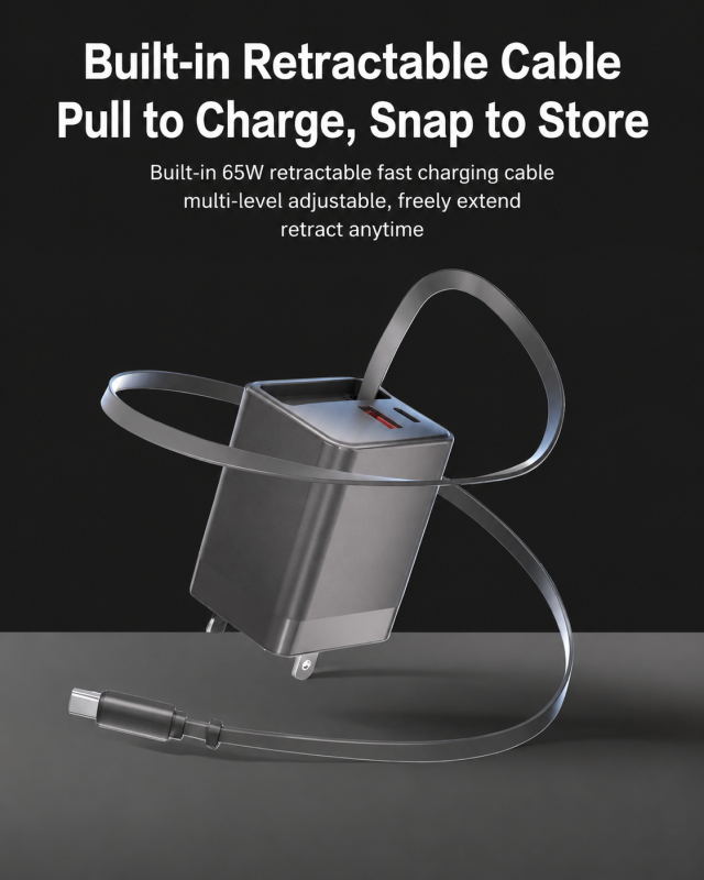 65W GaN Charger with Retractable USB-C Cable