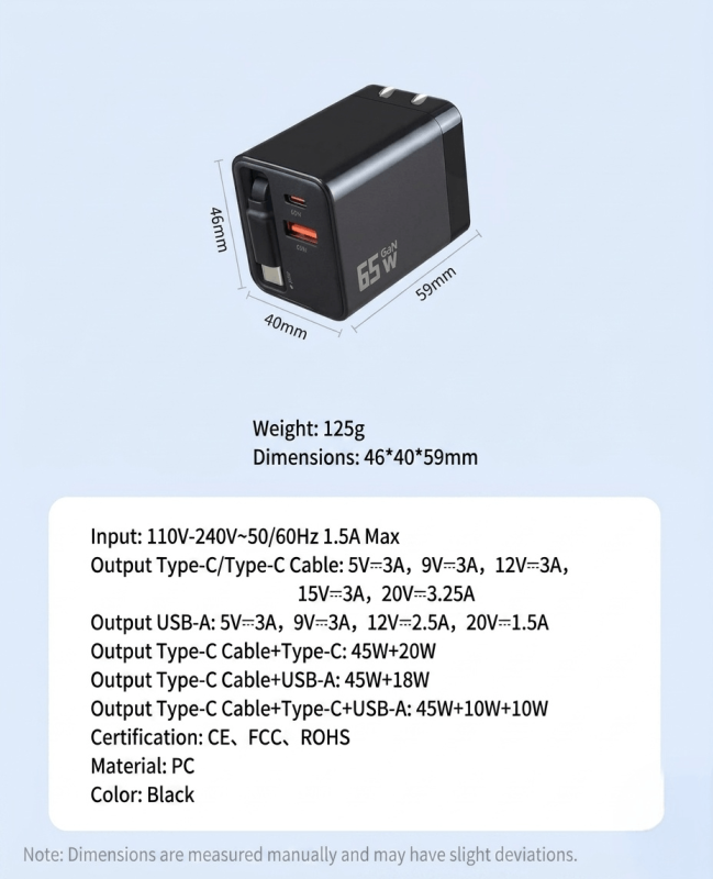 65W GaN Charger with Retractable USB-C Cable